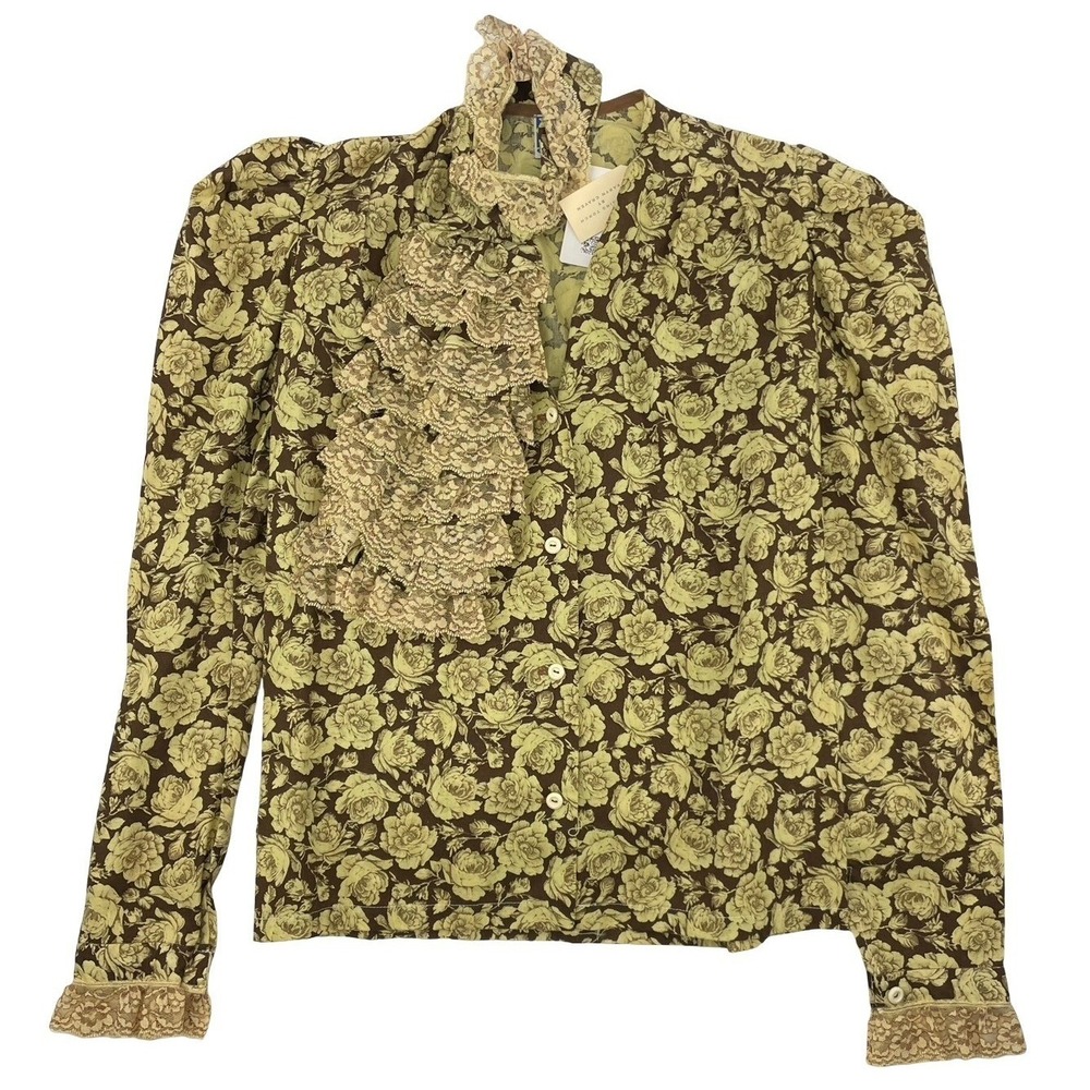 Illusions Women's Blouse Floral Ruffle Brown Vintage 1970s